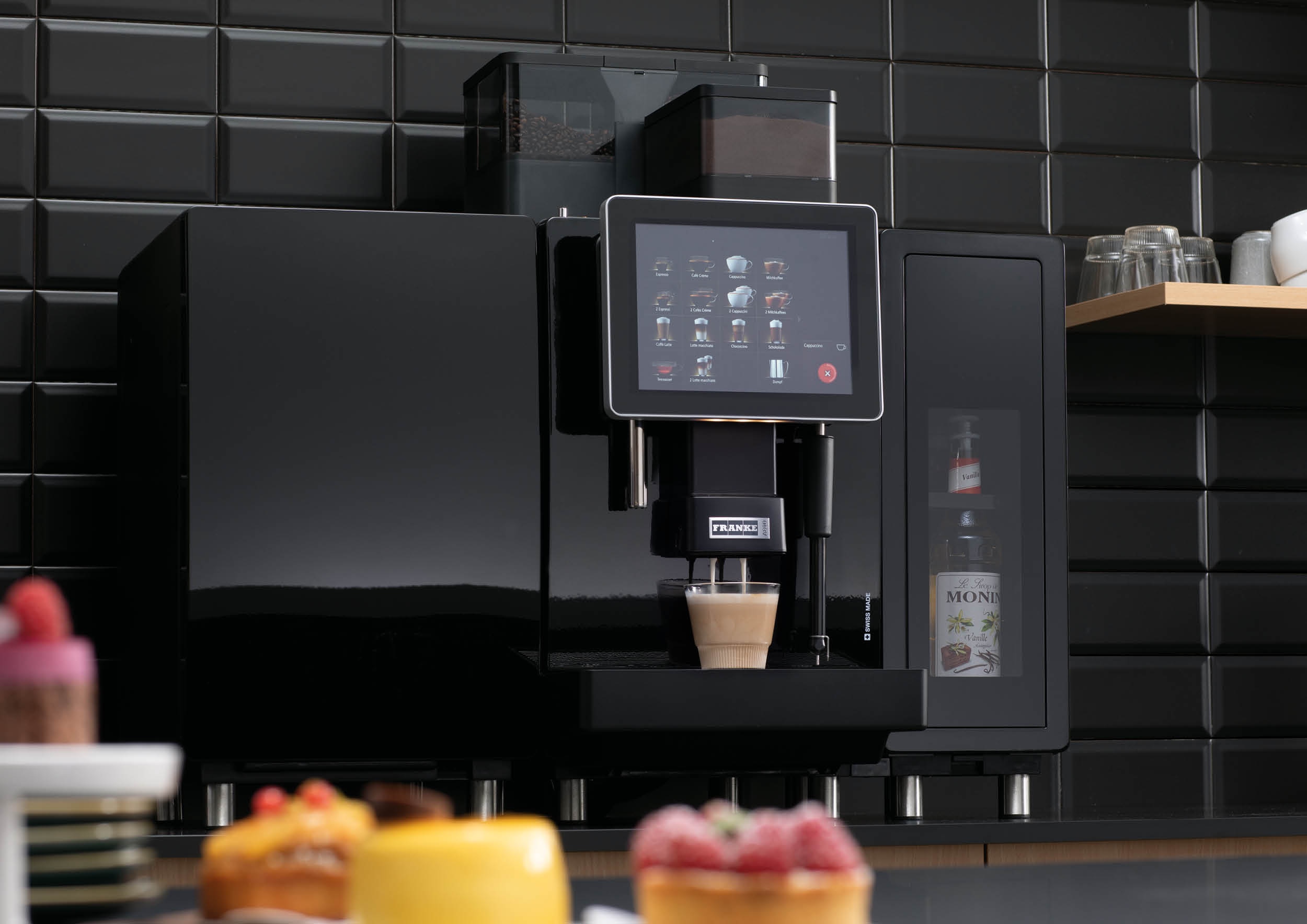 Franke Coffee Systems, fully automatic coffee machine Franke A800 with black background, café and deserts, bakery environment