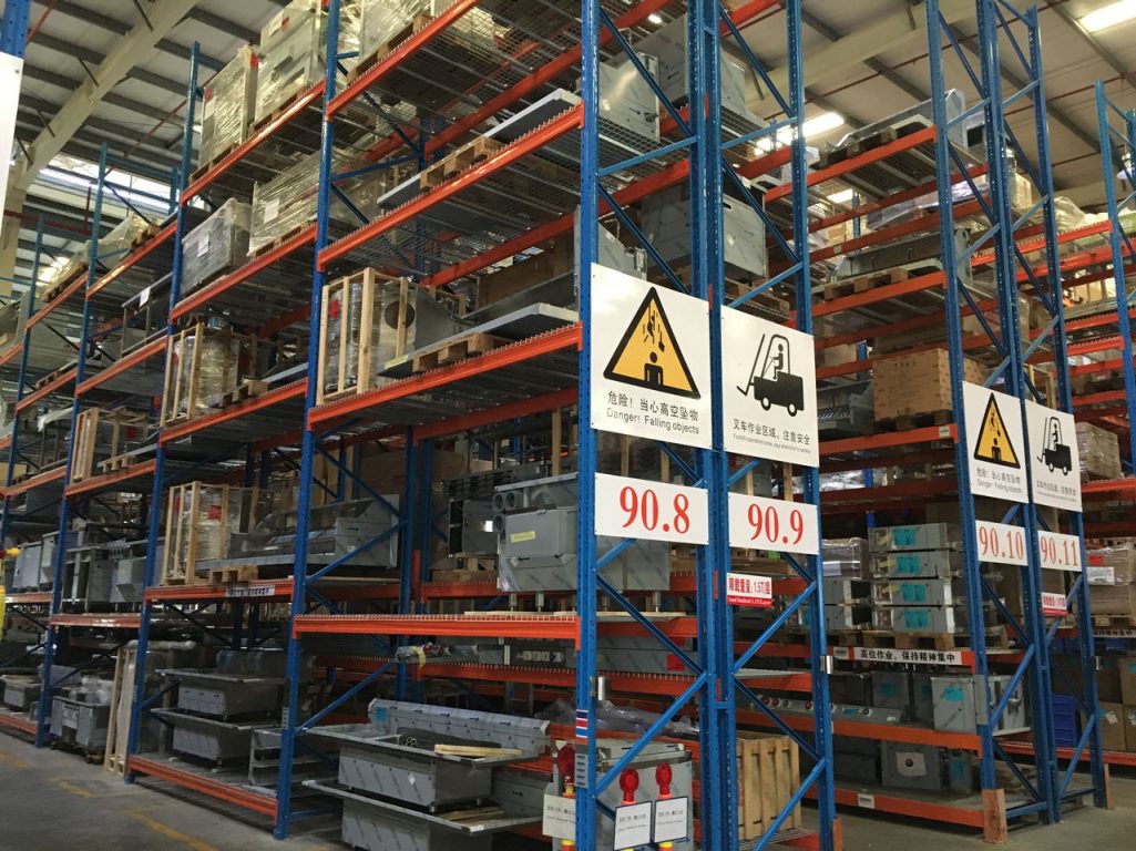 Equipment stacked in a four-level warehouse in China