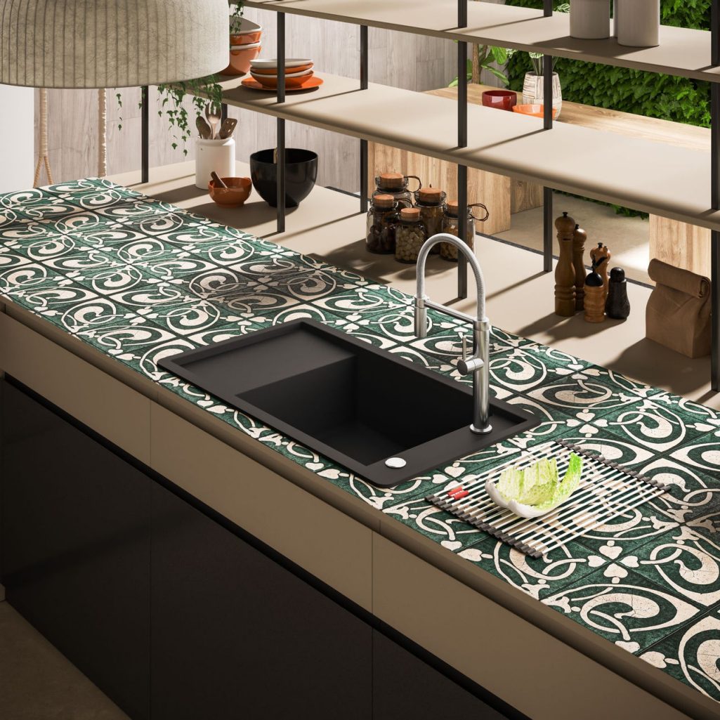 Maris Sink with green tiles worktop